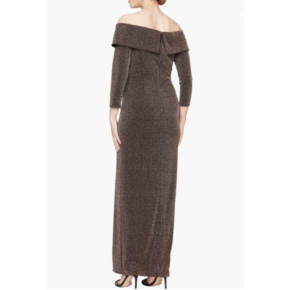 ALEX Evenings Metallic Off the Shoulder Knit Sheath Gown Copper - Picture 2 of 8